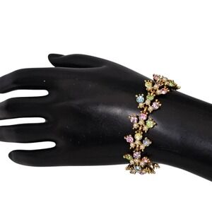 Vintage Bogoff Pastel Rhinestone Bracelet Gold Tone Floral Faux Pearl Cluster
